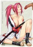  1girl arc_system_works azasuke baiken blush breasts censored cleavage cum cum_on_body cum_on_hair cum_on_upper_body cumdrip eyes_closed facial guilty_gear highres japanese_clothes katana large_breasts leg_lift long_hair nip_slip nipple_slip nipples no_bra no_panties open_clothes penis pink_hair ponytail pubic_hair pussy sandals sitting solo sword tattoo testicles toes weapon 
