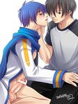  2boys blue_hair blush bottomless boy hirohide kaito male male_focus multiple_boys nail_polish penis usukawa_(artist) vocaloid yaoi 