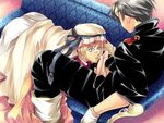  2boys absolute_obedience_(game) ali_ibrahim_ashraf blonde_hair cum facial fellatio gloves goggles kia_welbehenna male male_focus multiple_boys oral penis ribbon uniform yaoi zettai_fukuju_meirei 