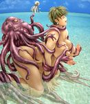 1girl blue_sky breasts cloud doggystyle earrings eyes_closed huge_breasts jewelry kneeling large_breasts long_nipples monster nude ocean outdoors paper_octopus partially_submerged phaia puffy_nipples rape sex short_hair sky solo spunky_knight sweat tentacle what youhei_kozou 
