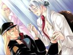  2boys absolute_obedience_(game) blonde_hair blush collar doctor exam eyes_closed gloves hagen_haller hand_holding hat hospital indoors long_hair louise_hardwick medical multiple_boys necktie nurse open_clothes open_shirt ribbon shirt smile sweatdrop tie uniform yaoi zettai_fukuju_meirei 