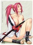  1girl arc_system_works azasuke baiken blush breasts censored cleavage guilty_gear highres japanese_clothes katana large_breasts leg_lift long_hair nip_slip nipple_slip nipples no_bra no_panties open_clothes pink_eyes pink_hair ponytail pussy sandals sitting solo sword tattoo toes weapon 