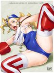  azasuke bandana bandanna blonde_hair blue_eyes boxing_gloves breasts erect_nipples highres justice_gakuen large_breasts open_mouth rival_schools spread_legs thighhighs tiffany_lords tongue torn_clothes 