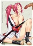  1girl arc_system_works azasuke baiken blush breasts censored cleavage cum cum_bubble cum_on_body cum_on_breasts cum_on_hair cum_on_upper_body cumdrip eyes_closed facial guilty_gear highres japanese_clothes katana large_breasts leg_lift long_hair nip_slip nipple_slip nipples no_bra no_panties open_clothes penis pink_hair ponytail pubic_hair pussy sandals sitting solo sword tattoo testicles toes weapon 