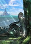  1boy armor armored_boots artist_name bangs bedivere blonde_hair blue_sky boots braid castle cloud commentary_request emuson facing_away fate/grand_order fate_(series) faulds gauntlets grass hair_tubes hand_on_own_leg highres horizon long_hair outdoors pants ponytail river roots scenery shoulder_armor sitting sky tree tree_shade 