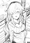  1girl absurdres bangs blush breasts future_princess greyscale guardian_tales hair_over_one_eye hairband highres long_hair looking_at_viewer medium_breasts monochrome mopqrkdnl1 signature sitting sketch solo speech_bubble sweater 