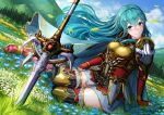  1girl aqua_hair armor armored_boots blue_eyes blush boots breastplate cloud day earrings eirika_(fire_emblem) elbow_gloves fingerless_gloves fire_emblem fire_emblem:_the_sacred_stones fire_emblem_heroes gloves grass ippers jewelry leaf leaves_in_wind long_hair looking_at_viewer mountainous_horizon official_alternate_costume outdoors planted planted_sword red_footwear red_gloves seiza sitting skirt sky smile solo sword weapon white_skirt wind yokozuwari 
