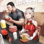  1boy 1girl alcohol animal_ears bangs beer black_hair blunt_bangs blush bow bowl bowtie breasts chair commission cup drinking_glass eating food gloves gold_ship_(umamusume) hat horse_ears kasei_yukimitsu kiryuu_miyazawa looking_at_viewer noodles nori_(seaweed) purple_eyes ramen silver_hair sitting skeb_commission spoon tough umamusume water 