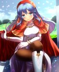  1girl alternate_costume black_legwear blue_eyes blue_hair cape crossed_legs dress elbow_gloves fire_emblem fire_emblem:_the_binding_blade fire_emblem_heroes gloves gold gold_bracelet gold_necklace gold_trim headband highres jewelry lilina_(fire_emblem) long_hair necklace official_alternate_costume pantyhose red_cape red_headband sitting solo white_dress white_footwear white_gloves yozu_(yozu0420) 