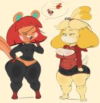  animal_crossing anthro big_breasts bodily_fluids bottomwear bragging breast_size_difference breasts buckteeth canid canine canis cleavage cleavage_cutout clothed clothing domestic_dog duo eyebrows eyes_closed eyewear female glasses hair half-closed_eyes hazel_(animal_crossing) hi_res hoodie isabelle_(animal_crossing) mammal midriff narrowed_eyes navel nintendo open_mouth orange_body purple_yoshi_draws red_hair rodent sciurid shih_tzu shorts speech_bubble sweat sweatpants sweatshirt teeth thick_thighs topwear toy_dog tree_squirrel unibrow video_games wide_hips yellow_body 