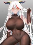  1girl absurdres aegir_(azur_lane) azur_lane bare_shoulders black_horns bodystocking bodysuit breasts curvy highres horns large_breasts looking_at_viewer navel parted_lips playing_with_own_hair plump pose shiki_(psychedelic_g2) solo thick_thighs thighs white_hair yellow_eyes 
