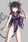  1girl \n/ alternate_costume bangs black_hair black_swimsuit blunt_bangs blush breasts cleavage closed_mouth commentary competition_swimsuit demon_girl demon_horns demon_tail eyebrows_visible_through_hair feet_out_of_frame grey_background grey_swimsuit highres horns kojo_anna kusha_(madoukusya12) long_hair looking_at_viewer medium_breasts multicolored_clothes multicolored_hair multicolored_swimsuit one-piece_swimsuit one_eye_closed pointy_ears purple_hair purple_swimsuit simple_background smile solo sugar_lyric swimsuit tail twintails two-tone_hair virtual_youtuber yellow_eyes 