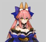  1girl animal_ear_fluff animal_ears blue_bow blue_dress blue_legwear blue_ribbon bow breasts cleavage copyright_name dress fate/extra fate/extra_record fate_(series) fox_ears fox_girl grey_background japanese_clothes long_hair looking_at_viewer obi official_art ribbon sash solo tamamo_(fate) tamamo_no_mae_(fate/extra) twintails wada_arco yellow_eyes 