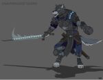  2017 anthro armor biped buckler canid canine canis clothed clothing fully_clothed grey_background male mammal melee_weapon runes scabbard simple_background solo spikes sword weapon wolf wolfdawg 