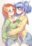  2girls bangs blue_eyes blue_hair blue_skirt blush bow brown_eyes brown_hair commentary_request commission eye_contact eyebrows_visible_through_hair glasses green_bow green_sweater hair_ornament hair_ribbon hairclip highres long_sleeves looking_at_another mizunashi_(second_run) multiple_girls pani_poni_dash! parted_bangs parted_lips pixiv_request pleated_skirt red-framed_eyewear red_bow ribbon shirt skirt sleeves_past_wrists suzuki_sayaka sweat sweater twintails uehara_miyako white_ribbon yellow_shirt yuri 