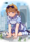  1girl aircraft apron arm_support blue_bow blue_dress blue_eyes blue_footwear blue_legwear blue_sky bow brown_hair building collared_dress commentary crying day dress eyebrows_visible_through_hair giant giantess hair_bow half-closed_eyes helicopter idolmaster idolmaster_million_live! intersection kamille_(vcx68) leaning_forward light_blush low_twintails maid_apron mary_janes medium_dress multiple_others outdoors puffy_short_sleeves puffy_sleeves road shoes short_hair short_sleeves short_twintails sitting sky socks solo_focus striped striped_legwear suou_momoko tears twintails wariza white_apron 