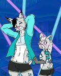  4:5 anthro black_hair blue_spots blush bottomwear bra butt child clothed clothing crop_top dancing daughter detailed_background domestic_cat duo father father_and_child father_and_daughter felid feline felis female fur girly grey_body grey_fur hair heterochromia hi_res junipur_the_lynx_(oc) lynx male mammal matching_outfits nightclub open_clothing open_shirt open_topwear parent parent_and_child rave river_the_lynx river_the_lynx_(oc) shirt short_tail shorts spots topwear training_bra underwear white_body white_fur white_hair young 