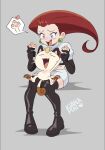  1girl absurdres boots earrings highres holding jessie_(pokemon) jewelry kiana_mai long_hair meowth open_mouth pawpads pokemon pokemon_(creature) purple_eyes smile tail team_rocket team_rocket_uniform thigh_boots thighhighs 