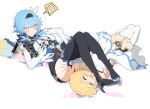  2girls absurdres armbar bare_shoulders black_hairband black_headband black_legwear blonde_hair blue_cape blue_hair blue_necktie blush bodystocking boots cape closed_eyes closed_mouth clothing_cutout dorontabi dress eula_(genshin_impact) flower genshin_impact hair_flower hair_ornament hairband headband high-waist_shorts high_heels highres lumine_(genshin_impact) lying medium_hair multiple_girls necktie on_back open_mouth short_hair_with_long_locks shoulder_cutout thigh_boots thighhighs thighs white_dress white_flower white_legwear yellow_eyes 