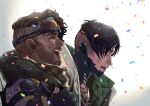  2boys apex_legends arm_around_shoulder black_gloves black_hair blood blood_from_mouth brown_hair checkered_clothes checkered_scarf closed_eyes confetti crypto_(apex_legends) fingerless_gloves gloves goggles goggles_on_head highres jacket jewelry leaning_forward mei_(611kcal) mirage_(apex_legends) multiple_boys necklace scarf smile undercut white_background white_jacket 