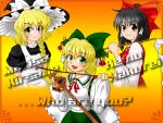  3girls aaru_(r-kun) apron arms_behind_back ascot back_bow black_dress black_hair blonde_hair blush bow braid breasts character_name collar commentary_request dress embodiment_of_scarlet_devil erhu eyebrows_visible_through_hair frilled_bow frilled_hat frills gohei green_bow green_eyes green_skirt hair_bow hair_tubes hakurei_reimu hat hat_bow highres holding instrument kirisame_marisa long_sleeves medium_hair multiple_girls nontraditional_miko open_mouth orange_background orange_eyes ponytail puffy_short_sleeves puffy_sleeves red_ascot red_bow red_ribbon red_skirt red_vest ribbon satsuki_rin shirt short_sleeves sidelocks skirt skirt_set small_breasts smile touhou vest white_apron white_bow white_collar white_shirt white_sleeves witch_hat yellow_eyes 