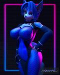  3d_(artwork) anthro big_breasts blue_body blue_fur blue_hair breasts canid canine chest_tuft clothing digital_media_(artwork) female fluffy fluffy_tail fox fur hair hand_on_hip hi_res krystal looking_at_viewer mammal neonluv nintendo simple_background solo source_filmmaker star_fox suit touching_hip tuft video_games wide_hips 