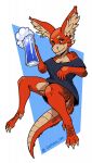 2021 anthro biped blue_background bottomless bottomless_female breasts captaincob claws cleavage clothed clothing ear_tuft female hi_res kobold mug red_body red_scales scales simple_background solo tan_body tan_scales toe_claws tuft white_background 