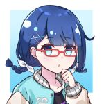  1girl :o bangs black_shirt blue_background blue_eyes blue_hair blush border bow braid clenched_hand collarbone commentary_request eyebrows_visible_through_hair glasses hair_bow hair_ornament hand_up iwamotochou_geinousha ixia_(ixia424) jacket letterman_jacket long_sleeves looking_at_viewer marpril open_clothes open_jacket outside_border red-framed_eyewear shirt short_hair solo twin_braids upper_body virtual_youtuber white_border white_bow yata_touka 