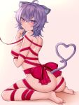  1girl ahoge animal_ear_fluff animal_ears ass barefoot bisuke_(isbsk_ekaki) blush bound bow breasts cat_ears cat_girl cat_tail commentary_request heart heart_tail highres hololive large_breasts looking_at_viewer naked_ribbon nekomata_okayu purple_eyes purple_hair red_bow ribbon ribbon_bondage short_hair sitting solo tail virtual_youtuber 