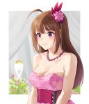  1girl ahoge alternate_hairstyle bangs bare_shoulders blurry blurry_background breasts brown_hair closed_mouth commentary dress earrings eyebrows_visible_through_hair flower formal hair_down hair_flower hair_ornament idolmaster idolmaster_million_live! jewelry kamille_(vcx68) light_blush long_hair looking_to_the_side medium_breasts necklace outside_border pink_dress pink_flower print_dress purple_eyes smile solo strapless strapless_dress upper_body yokoyama_nao 