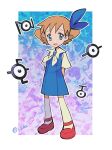  1girl arms_behind_back bangs blue_dress blue_eyes border brown_hair commentary_request dress eyelashes full_body highres i_g1ax molly_hale neckerchief open_mouth outline pokemon pokemon_(anime) pokemon_(classic_anime) pokemon_(creature) pokemon_m03 red_footwear shirt shoes short_sleeves smile solo standing thighhighs tongue twitter_username unown white_border white_legwear white_shirt 