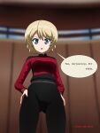  1girl bangs blonde_hair blue_eyes blurry blurry_background braid character_name commentary cowboy_shot crossover darjeeling_(girls_und_panzer) depth_of_field english_commentary english_text eyebrows_visible_through_hair girls_und_panzer hands_on_hips highres indoors looking_at_viewer looking_down mixed-language_commentary naotosi open_mouth short_hair solo standing star_trek star_trek:_the_next_generation starfleet_uniform tied_hair translated twin_braids 