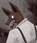  2021 anthro apollinaria_fh big_ears black_eyes black_nose blood blood_in_mouth blood_on_face blood_on_teeth bodily_fluids brown_background brown_body brown_fur canid canine clenched_teeth close-up clothed clothing creepy demon fox fur grey_background gums leenie_boog leenie_boog_(character) long_teeth looking_at_viewer looking_back male mammal nightmare_fuel portrait pupils sharp_teeth shirt simple_background skinny slit_pupils solo suspenders teeth topwear video_games wide_eyed yellow_sclera 