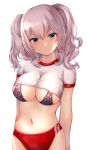  1girl absurdres alternate_costume black_bra blue_eyes bra breasts buruma clothes_lift fukukaminai gym_shirt highres kantai_collection kashima_(kancolle) large_breasts navel red_buruma shirt shirt_lift short_sleeves sidelocks silver_hair solo twintails underwear wavy_hair 