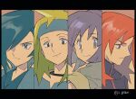  4boys blonde_hair blue_eyes blue_hair blue_headwear blue_jacket blue_kimono bugsy_(pokemon) closed_mouth commentary_request falkner_(pokemon) frown green_shirt hair_over_one_eye headband i_g1ax jacket japanese_clothes kimono letterboxed long_hair male_focus morty_(pokemon) multiple_boys orange_hair pokemon pokemon_(game) pokemon_gsc purple_eyes purple_hair shirt short_hair short_sleeves silver_(pokemon) smile twitter_username 