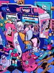  1girl arcade bag bandages bookbag chair controller crisalys english_commentary fei-yen flower gaming_chair highres indoors joystick looking_at_viewer macross original sitting sonic_the_hedgehog ticket toy voltron_(mecha) 