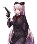  1girl :d alternate_costume bangs black_necktie black_pants black_vest bow buttons collared_shirt cowboy_shot fujiwara_no_mokou gem_oblivion grey_hair gun hair_bow hand_in_pocket highres holding holding_gun holding_weapon long_hair long_sleeves looking_at_viewer necktie one-hour_drawing_challenge open_mouth pants red_eyes red_shirt shirt simple_background smile smoke smoking solo standing touhou very_long_hair vest weapon white_background 