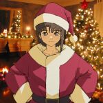  absurdres asymmetrical_hair bangs brown_eyes brown_hair christmas christmas_tree fur_trim hair_ornament hairclip hat highres indoors iwakura_lain looking_at_viewer pantsu-ripper red_headwear santa_costume santa_hat serial_experiments_lain short_hair single_sidelock smile upper_body x_hair_ornament 