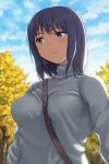  1girl autumn_leaves bangs between_breasts blue_hair blue_sky blue_sweater breasts closed_mouth cloud commentary_request day eyebrows_visible_through_hair hashi looking_away medium_breasts original outdoors purple_eyes short_hair sky solo strap_between_breasts sweater tree turtleneck turtleneck_sweater upper_body 