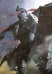  1boy armor breastplate dark_souls_(series) dark_souls_i fighting_stance full_armor havel_the_rock helmet highres holding holding_shield holding_weapon mace male_focus miso_katsu outdoors over_shoulder pauldrons shield shoulder_armor solo standing tower_shield weapon weapon_over_shoulder 
