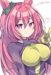 1girl animal_ears aruya_(flosrota) bangs black_jacket breasts character_request closed_mouth eyebrows_visible_through_hair gloves hair_between_eyes hand_up heart horse_ears jacket looking_at_viewer medium_breasts pink_hair purple_eyes simple_background smile solo translation_request twitter_username umamusume v white_background yellow_gloves 