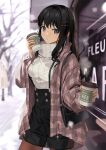  1girl :o bag bangs billboard black_bag black_hair black_overalls blue_eyes blurry blurry_background blush breasts brown_legwear bus_stop buttons coffee_cup cup disposable_cup double-breasted hair_between_eyes hair_ornament hairclip hand_up high_collar holding holding_cup jacket large_breasts long_hair long_sleeves looking_at_viewer mocha_(mokaapolka) open_clothes open_jacket original outdoors outstretched_arm overalls pantyhose parted_lips pink_jacket plaid plaid_jacket sidelocks snow solo standing steam sweater tree white_sweater winter winter_clothes 