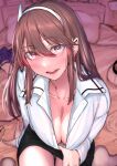  1girl ashigara_(kancolle) bangs bed black_skirt blush breasts brown_eyes brown_hair cleavage commentary_request eyebrows_visible_through_hair fang hair_between_eyes hairband highres kantai_collection large_breasts long_hair looking_at_viewer on_bed open_mouth pencil_skirt pillow shiragiku1991 sitting skin_fang skirt solo white_hairband 