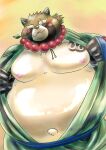 anthro asian_clothing belly blush canid canine clothing east_asian_clothing gyobu hi_res japanese_clothing jewelry kimono kusarikakemono lifewonders male mammal moobs navel necklace nipples outie_navel overweight raccoon_dog scar showing_chest solo tanuki tokyo_afterschool_summoners video_games 
