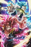  2boys attack blue_eyes blue_hair clenched_hand dragon_ball dragon_ball_heroes dragon_ball_super dual_persona energy fighting_stance foreshortening glowing gogeta gogeta_(xeno) highres incoming_attack incoming_punch male_focus metamoran_vest monkey_boy monkey_tail multiple_boys muscular no_nipples pink_fur punching red_fur reeya saiyan serious spiked_hair super_full_power_saiyan_4_limit_breaker super_saiyan super_saiyan_4 super_saiyan_blue super_saiyan_blue_evolved tail teeth 
