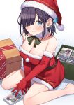  1girl absurdres barefoot black_hair blue_eyes blush book box breasts cleavage closed_mouth commentary_request elbow_gloves gift gift_box gloves green_neckwear green_ribbon hair_over_one_eye hat highres large_breasts legs looking_at_viewer novel_(object) original red_gloves red_headwear ribbon santa_hat short_hair sitting solo yukiyama_momo 