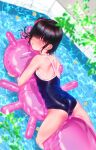  1girl :o ariduka_anto bangs black_hair blurry blurry_foreground bob_cut hair_ornament hair_ribbon inflatable_raft leaf looking_at_viewer object_hug one-piece_swimsuit pool ribbon solo swimsuit virtual_youtuber xxzero 