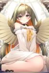  1girl :3 angel ankle_cuffs blurry blurry_foreground blush chain colored_inner_hair detached_collar dress grey_hair hair_intakes highres kneeling konogi_nogi long_sleeves looking_at_viewer multicolored_hair off-shoulder_dress off_shoulder orange_hair original ribbon signature smile solo spread_wings white_dress wings yellow_ribbon 