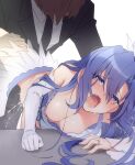  1boy 1girl bangs blue_hair breasts brown_hair cleavage detached_sleeves dress elbow_gloves eyebrows_visible_through_hair eyelashes formal gloves hair_between_eyes hetero jewelry kazanari_tsubasa lanlanlap long_hair medium_breasts necktie nipples ogawa_shinji_(symphogear) purple_eyes ring saliva see-through senki_zesshou_symphogear sex sex_from_behind shiny shiny_hair short_hair single_detached_sleeve single_elbow_glove suit tears wedding_band white_background white_gloves 