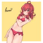  1girl ahoge arashi_(kancolle) bangs bikini blush breasts cleavage closed_mouth eyebrows_visible_through_hair hair_between_eyes highres kantai_collection long_hair medium_breasts one-hour_drawing_challenge patenusu red_bikini red_hair signature simple_background solo sweat swimsuit two-tone_background 
